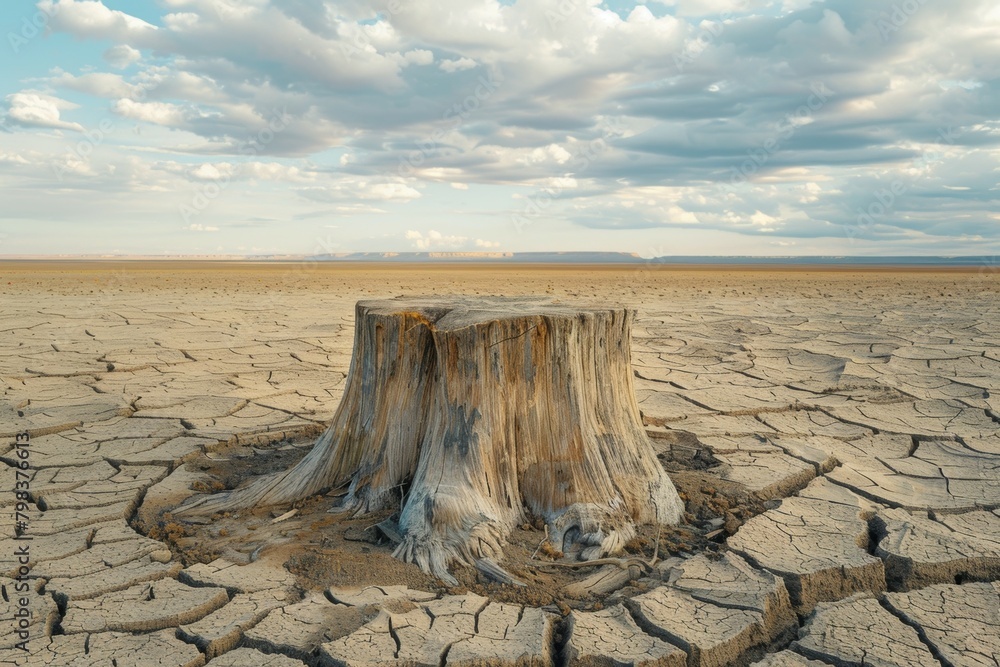 Poster stump from felled tree in drought concept. record summer heat. background of the consequences of env