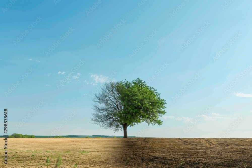 Poster tree in ecology and drought concept. climate change and record heat. background with selective focus