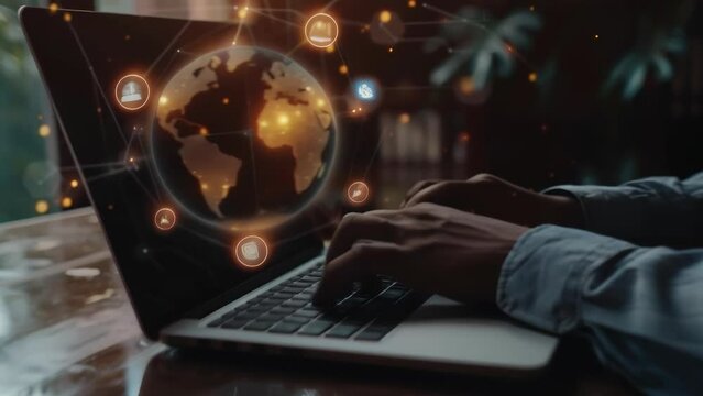 Glowing globe and eco-friendly icons hover over laptop, as hands type, symbolizing the integration of sustainability into global business operations through technology.