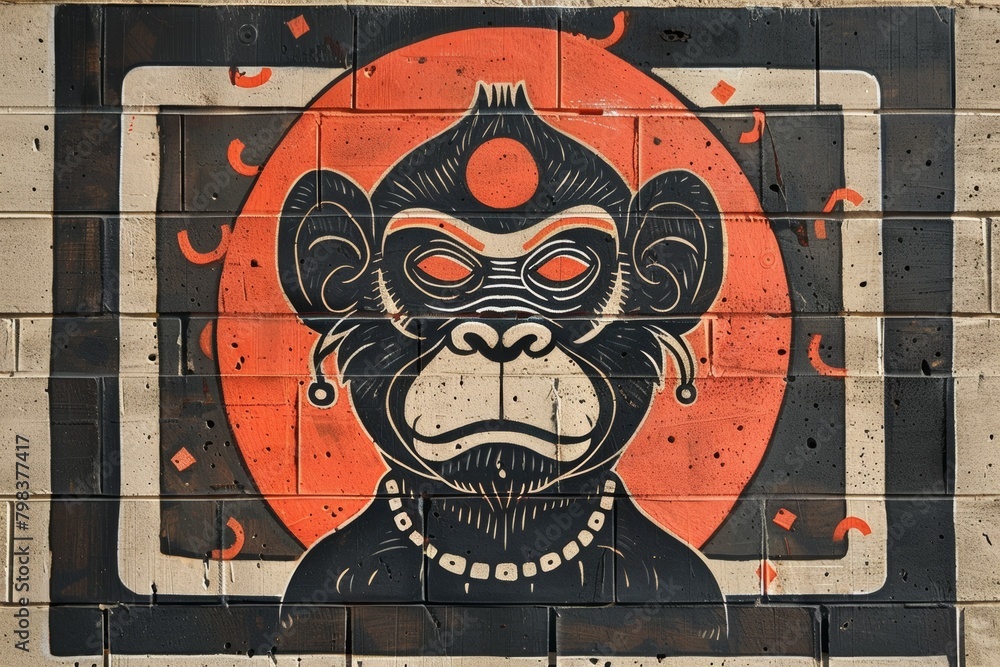 Aufkleber a monkey with a red circle on its head and red and black face