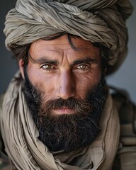 A man with a beard and a turban is staring at the camera
