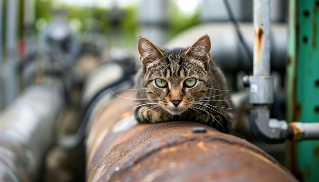 The cat is lying on the pipe