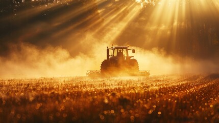 Fototapeta premium Sunlit farming landscape with tractor working through misty fields.