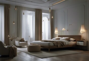 tones design3d rendering bedroom interiorEarth White - obrazy, fototapety, plakaty