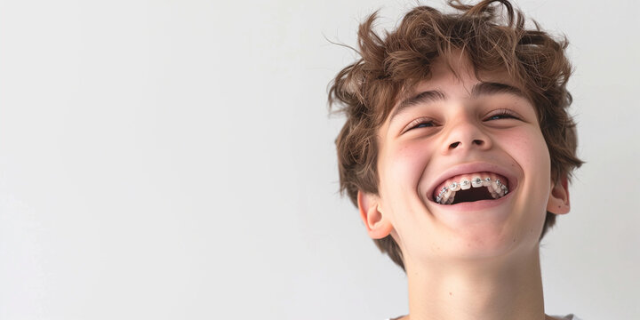 A boy with braces on a white background