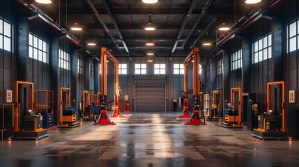 Car workshop with lifts and equipment stands ready for service.