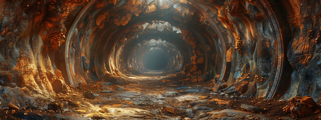 Discover the hidden beauty within a hazy tunnel, adorned with ancient rocks and rusted iron, evoking a sense of intrigue