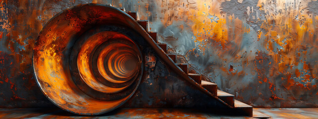 Step into a surreal absurd world to a rusty metal wall, where a mysterious hole leads into the unknown, and an impossible staircase takes you to new dimensions.