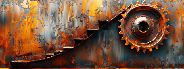 Discover a mesmerizing sight of a rust-covered wall, adorned with a staircase that leads to the pinnacle of a massive cogwheel.