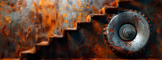 Discover a mesmerizing sight of a rust-covered wall, adorned with a staircase that leads to the pinnacle of a massive cogwheel.