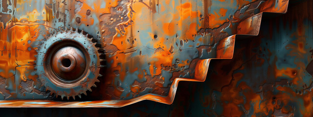 A surreal wall of rust, with a staircase and a big rusty cogwheel.
