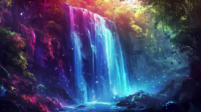 Glowing waterfall in a fantasy landscape. Ethereal beauty amidst mystical surroundings.
Seamless looping 4k time-lapse virtual video animation background. Generated AI