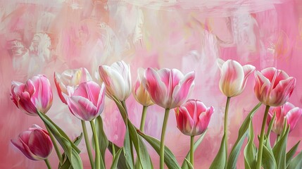 Fototapeta premium A delightful arrangement of tulips set against a soft pink backdrop Perfect for celebrating Women s or Mother s Day with a touch of holiday charm