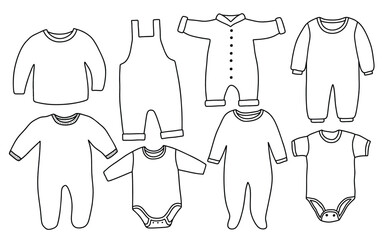 Cute baby clothes doodle set in white background.