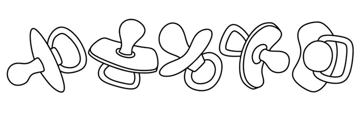Cute pacifier doodle icon set.