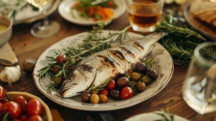 Mediterranean diet-inspired dinner setting, rich in olives, fish, and vegetables