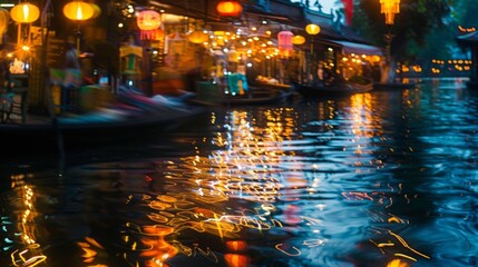 The tranquil riverside bazaar is transformed into a whimsical realm as the reflections of lanterns and floating stalls are blurred in the defocused water. .