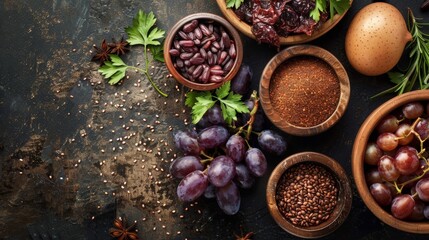 Creative flat lay of foods with natural statins, like red rice yeast and grapes - obrazy, fototapety, plakaty