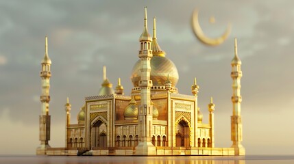 The image depicts a gold-colored mosque with a large central dome and four smaller domes. There are four minarets, two on each side of the central dome. The mosque is surrounded by a courtyard.

