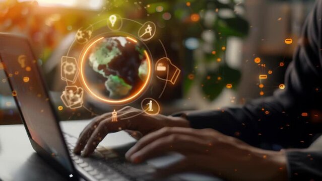 Glowing globe and eco-friendly icons hover over laptop, as hands type, symbolizing the integration of sustainability into global business operations through technology.