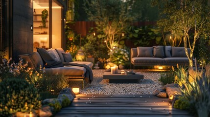 Inviting garden terrace with comfortable seating and candles.