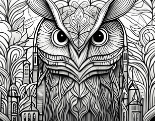 Owl on the background of the city. Hand-drawn illustration for tattoo or coloring book.
