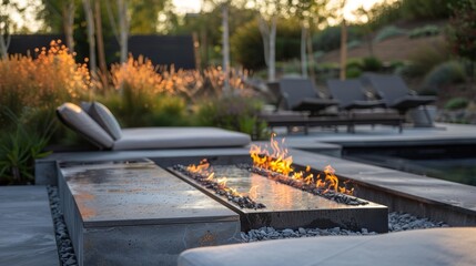 A sleek and modern outdoor lounge featuring an integrated fire feature as the center of attention providing warmth and ambiance for evening gatherings. 2d flat cartoon.