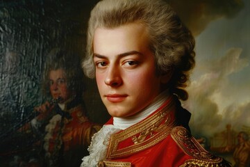  The melodies of the genius, Wolfgang Amadeus Mozart, the composition is a masterpiece of world music culture. the mysteries of his music and his influence on art. - obrazy, fototapety, plakaty