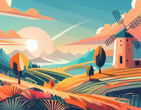 vectoral rural landscape with windmill, sun, clouds and blue sky. Vector illustration in flat style.