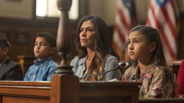 A courtroom scene with a family divided during a domestic dispute case