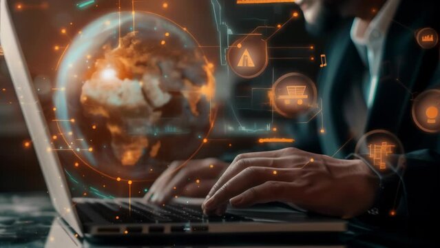 Glowing globe and eco-friendly icons hover over laptop, as hands type, symbolizing the integration of sustainability into global business operations through technology.