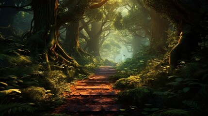  A lush green forest with sunlight streaming through the canopy, illuminating a winding path carpeted with fallen leaves.