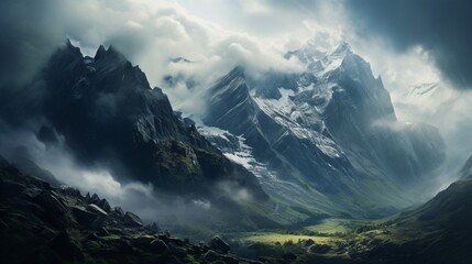 A majestic mountain peak shrouded in mist, its rugged slopes stretching into the distance beneath a dramatic sky.