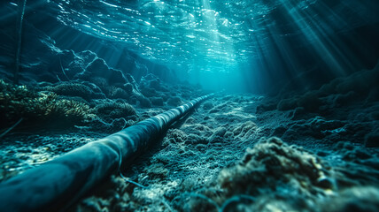 Underwater seascape with sun rays penetrating through the water, highlighting a pipeline over a coral reef. Marine life and oceanography concept. 