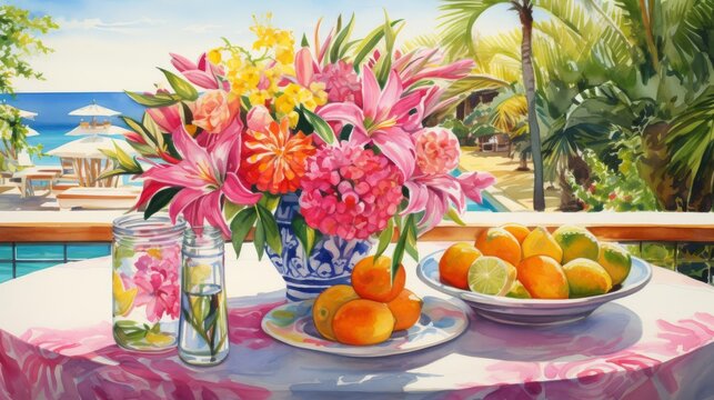 A table with a vase of flowers and a bowl of fruit on it. The table is by a pool and there are palm trees in the background. The painting is in a watercolor style.