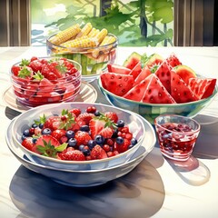 A watercolor painting of a table full of summer fruits