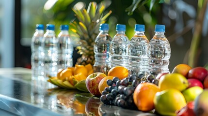 Fresh fruits and water bottles arranged for spa day tranquility.