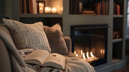 A cozy reading nook is enhanced by a seethrough fireplace making it the ideal spot to curl up with a book and enjoy the warmth. 2d flat cartoon.