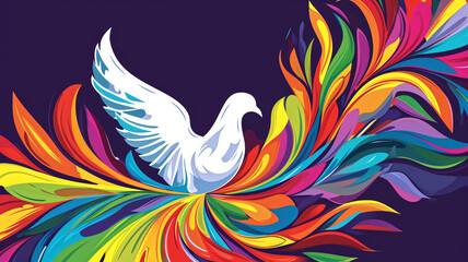 Obraz premium A stunning graphic of a white dove in flight, its wings transforming into a burst of colorful feathers against a deep purple background. 
