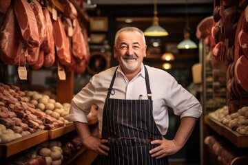 A Master Butcher Proudly Standing in Front of His Traditional Shop, Surrounded by an Array of Freshly Prepared Meats and Artisanal Sausages Hanging from the Ceiling