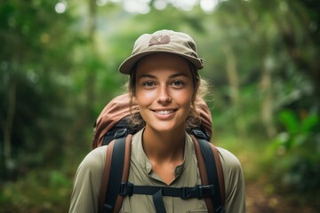 A Serene Portrait of a Young Adventurer Standing Proudly Before the Lush Greenery of a Nearby Hiking Trail, Embarking on a Journey into Nature's Embrace