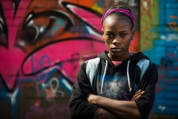 A Vibrant Portrait of an Aspiring Athlete Poised Confidently in Front of the Graffiti-Adorned Walls...