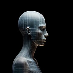 Signal transmission, brain dynamics, and computational cognition merge within a digital face and digital models featuring a glowing brain symbol