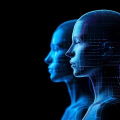 Signal transmission, brain dynamics, and computational cognition merge within a digital face and digital models featuring a glowing brain symbol