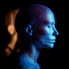 Signal transmission, brain dynamics, and computational cognition merge within a digital face and digital models featuring a glowing brain symbol