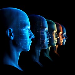 Signal transmission, brain dynamics, and computational cognition merge within a digital face and digital models featuring a glowing brain symbol
