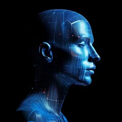 Signal transmission, brain dynamics, and computational cognition merge within a digital face and digital models featuring a glowing brain symbol