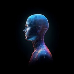 Signal transmission, brain dynamics, and computational cognition merge within a digital face and digital models featuring a glowing brain symbol