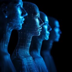 Signal transmission, brain dynamics, and computational cognition merge within a digital face and digital models featuring a glowing brain symbol