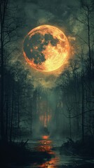 A digital art piece featuring a giant harvest moon casting an eerie glow over a foggy forest path, evoking mystery and wonder.